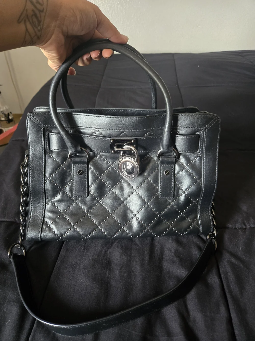 Michael Kors Quilted Black Leather Satchel with Chain Strap